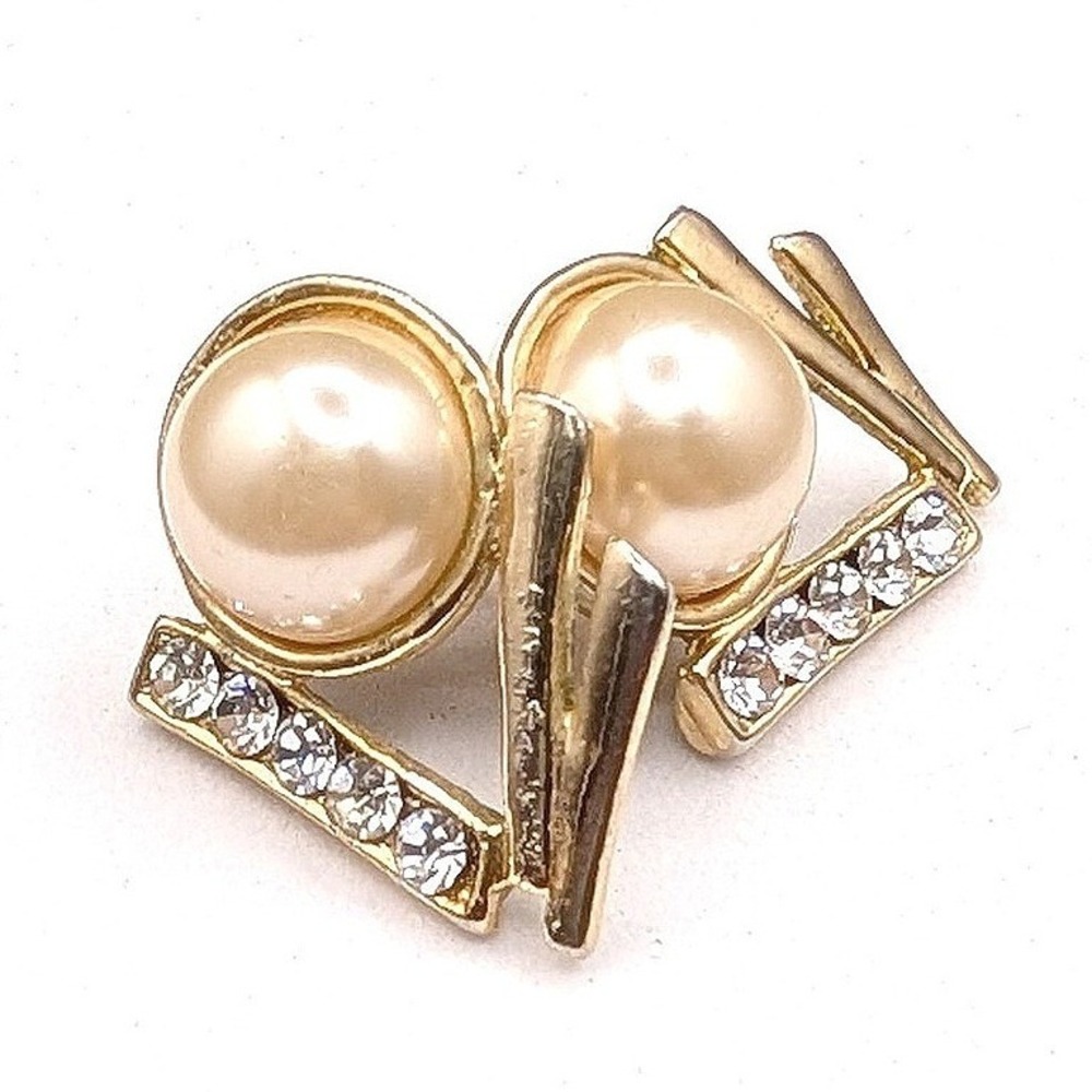 Vintage Gold Tone Pearl & Rhinestone‎ Stud Earrings Art Deco Style